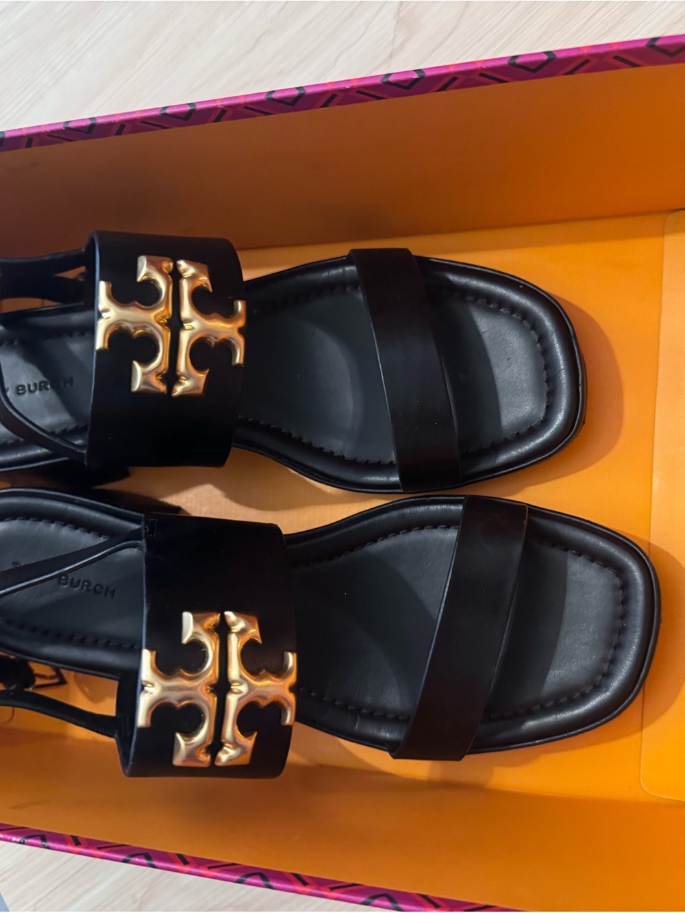 Tory Burch Black Leather Slide Sandals with Gold Logo Accent